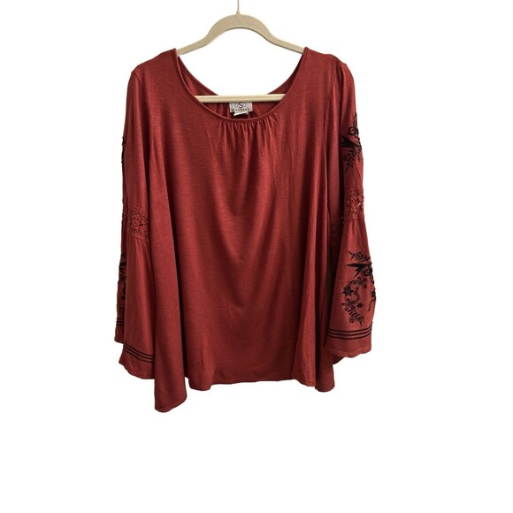 OSO Casuals Bell Sleeve Crocheted & Embroidered Scoop Neck Top Sz 2X Boho Y2K - Picture 2 of 9